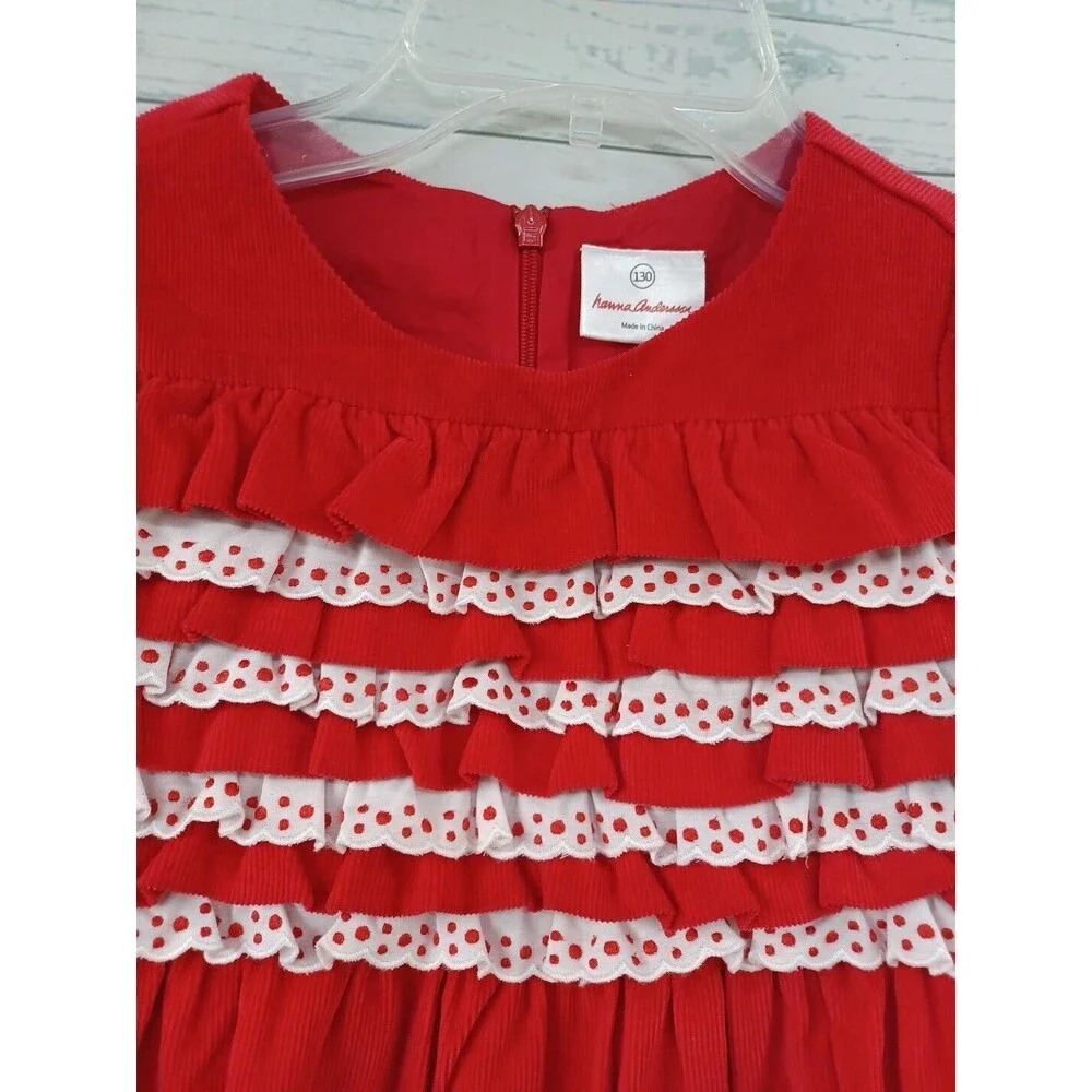 Hanna Andersson Dress Girls 130 US 8 Red White Corduroy Ruffles